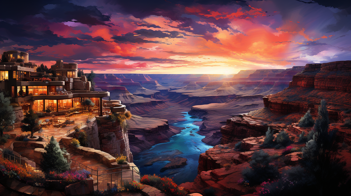 Panoramic sunset view of The Grand Canyon lodging